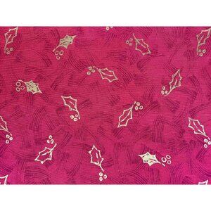Vintage 2 Yds Metallic Gold Holly Leaves on Cranberry Magenta Cotton Christmas